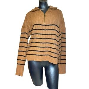 Rachel Zoe Partial Zip Pullover Knit Tan Black Striped Turtleneck Sweater Office